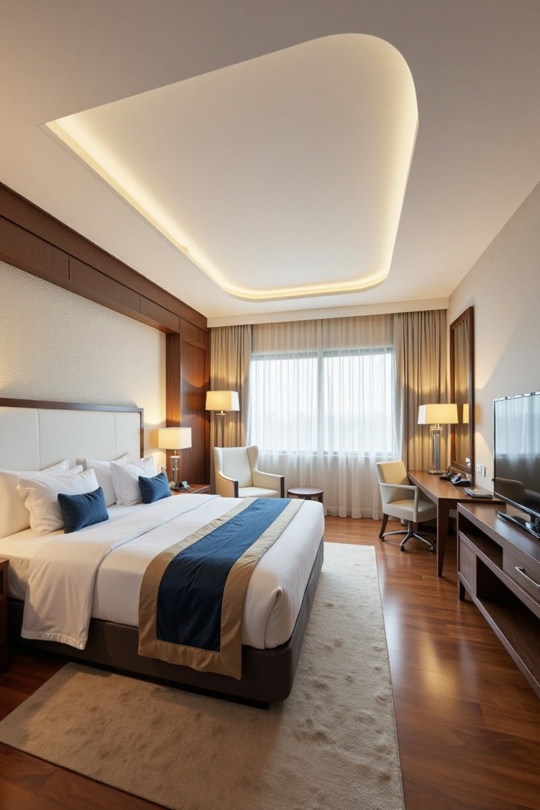 A modern hotel room presents a cozy atmosphere. The large bed features a white headboard,  beige blanket,  and four pillow...
