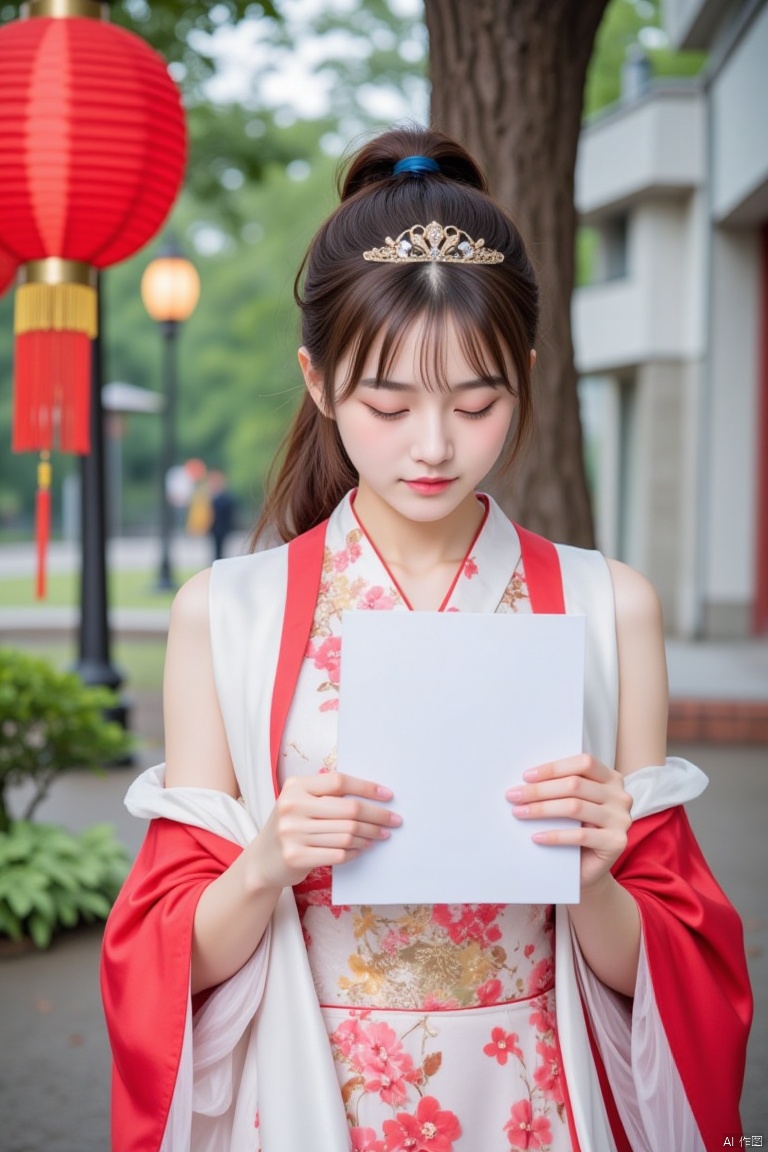 a young Asian woman dressed in a kimono-style dress, adorned with a white and red shawl, is holding a white paper in her hands. Her hair is pulled back in a ponytail, and she is wearing a tiara on her head. She is looking down at the paper, and her eyes are closed. The background is blurred, with a tree, a street lamp, and a building visible in the distance. To the left of the woman, a red lantern is visible.

