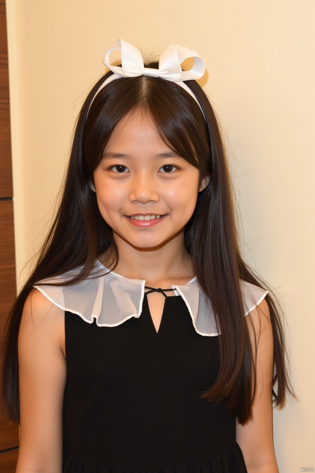 A young Asian girl with long dark brown hair, wearing a black dress with a white ruffled collar and a white bow on her head. She is smiling, with a slight smile on her face. The backdrop is a cream-colored wall with a wooden paneling on the left side.
