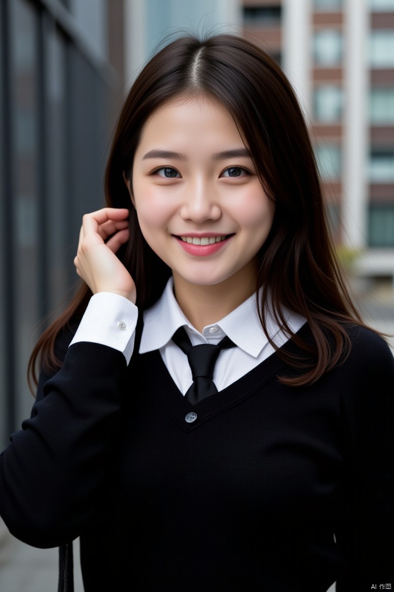 a young Asian woman with long dark brown hair, wearing a black sweater and a white collared button-down shirt with a black tie. She is smiling, her left hand resting on her face, adding a touch of warmth to the scene. The backdrop is blurred, creating a stark contrast to the woman's outfit. The woman's eyes are a deep blue, and her eyebrows are a darker shade of brown, adding depth to the composition. The background is a mix of dark and light-colored buildings, adding to the overall composition of the image.
