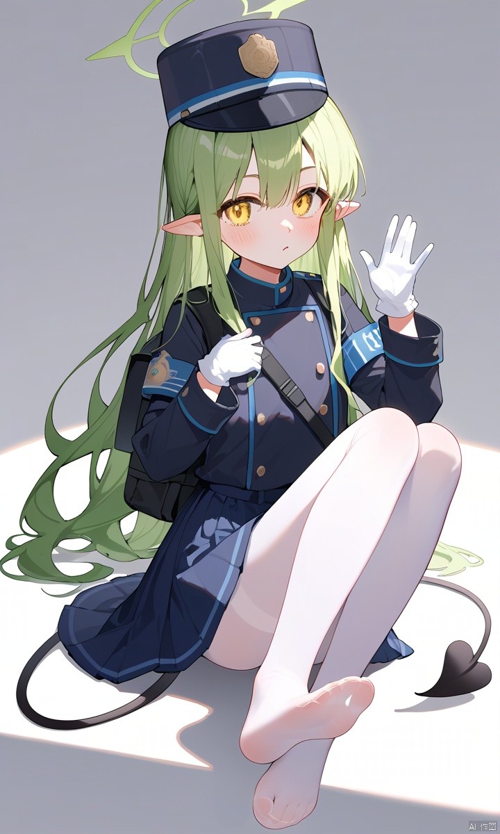 (score_9,score_8_up,score_7_up), 1girl,solo,(masterpiece:1.3),( beautiful:1.2),(high quality:1.2),(finely detailed:1.2),extremely detailed CG unity 8k wallpaper,best quality,a very delicate and beautiful,perfect fingers,1girl, solo, long hair, looking at viewer, blush, bangs, skirt, white background, shirt, gloves, long sleeves, hat, hair between eyes, very long hair,  jacket, tail, full body, yellow eyes, white pantyhose, pleated skirt, green hair, necktie, pointy ears, white gloves, bag,uniform, arms up, blue skirt, black headwear, halo, backpack, demon tail, armband, peaked cap, white pantyhose, hikariBA, loli, sitting , feet, no_shoes, toes, soles, striped_pantyhose