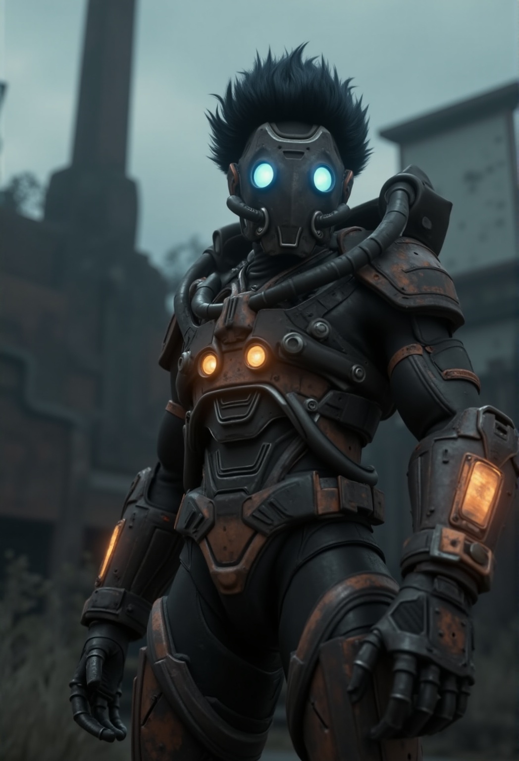 a HD cinematic dark fantasy CGI 3D animation scene with a black and orange high-tech techware mecha,  worn and rusty armor...