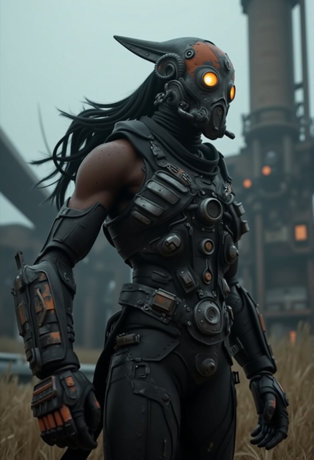 a cinematic dark fantasy scene with a black and orange high-tech techware mecha,  worn and rusty armor,  (((cybernatic mas...