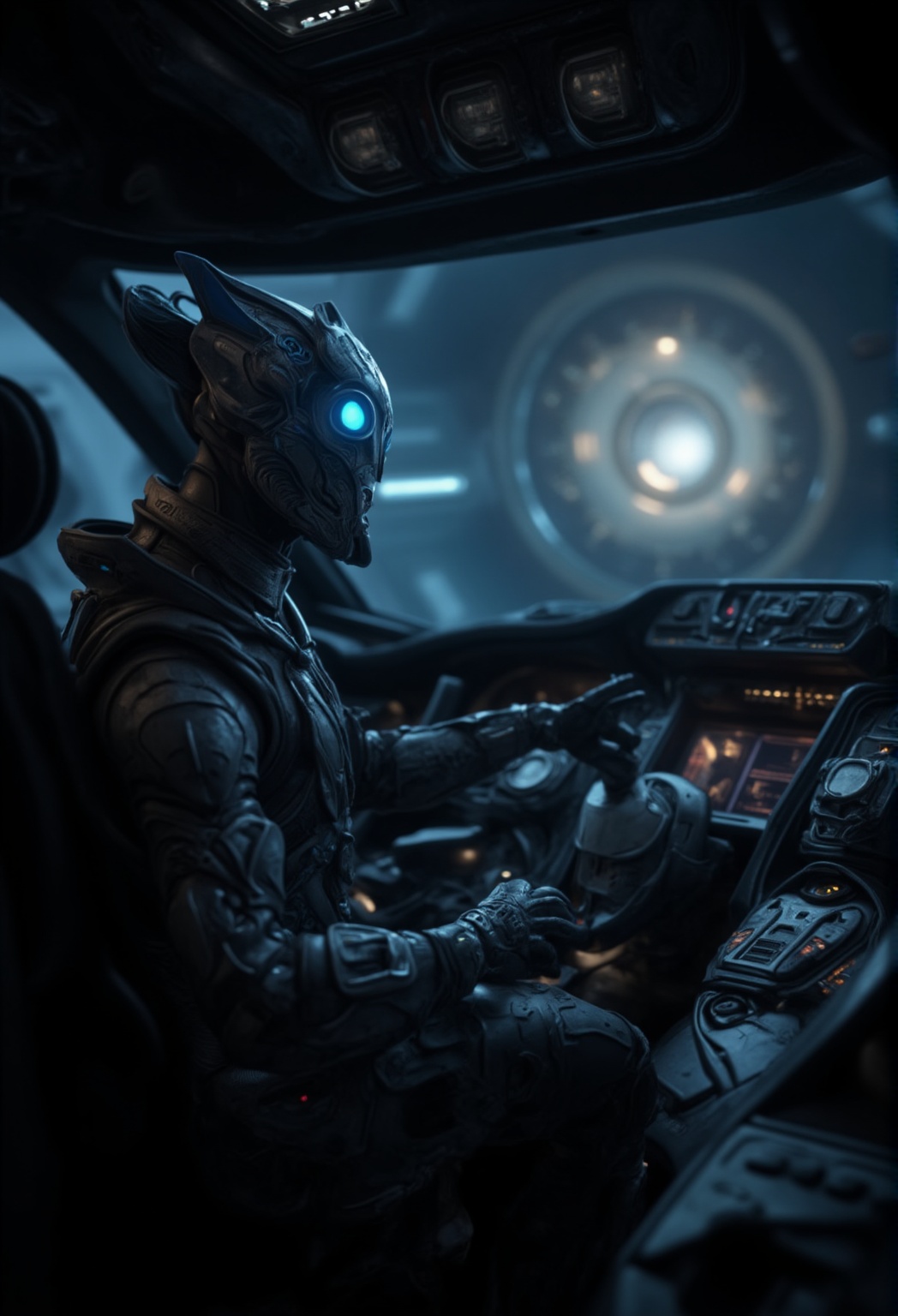A heroic alien pilot in a sleek,  high-tech cockpit of a spaceship,  with every control panel and interface in sharp focus...
