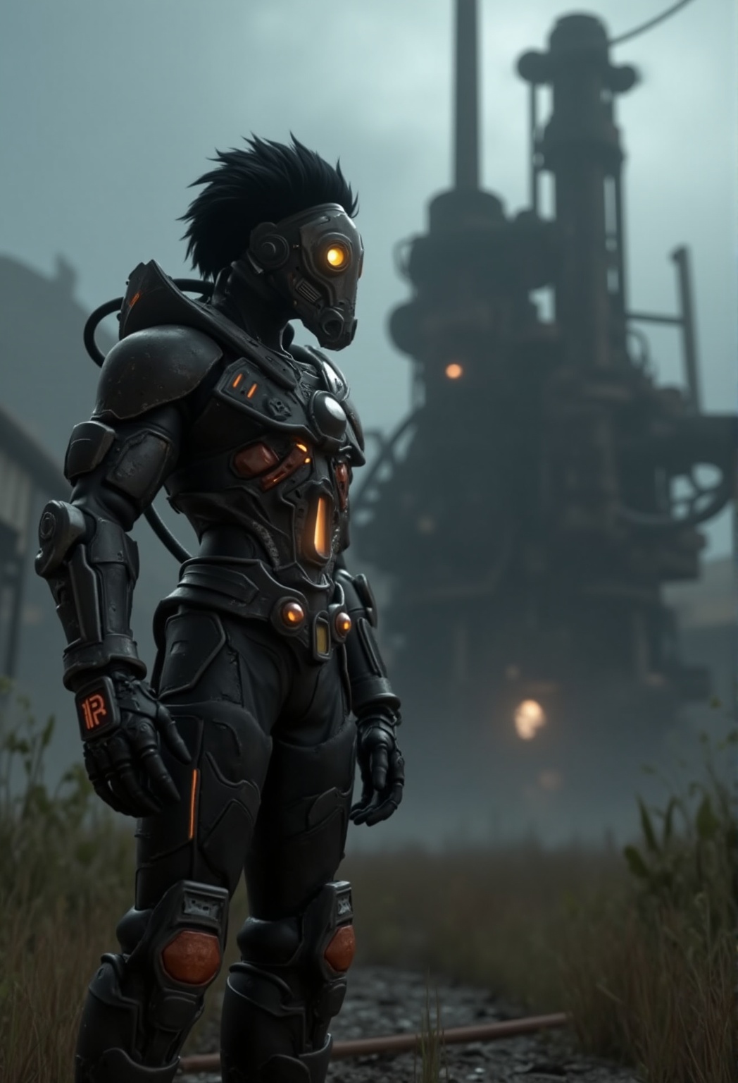 a cinematic dark fantasy CGI 3D animation scene with a glossy black and orange high-tech techware mecha,  worn and rusty a...