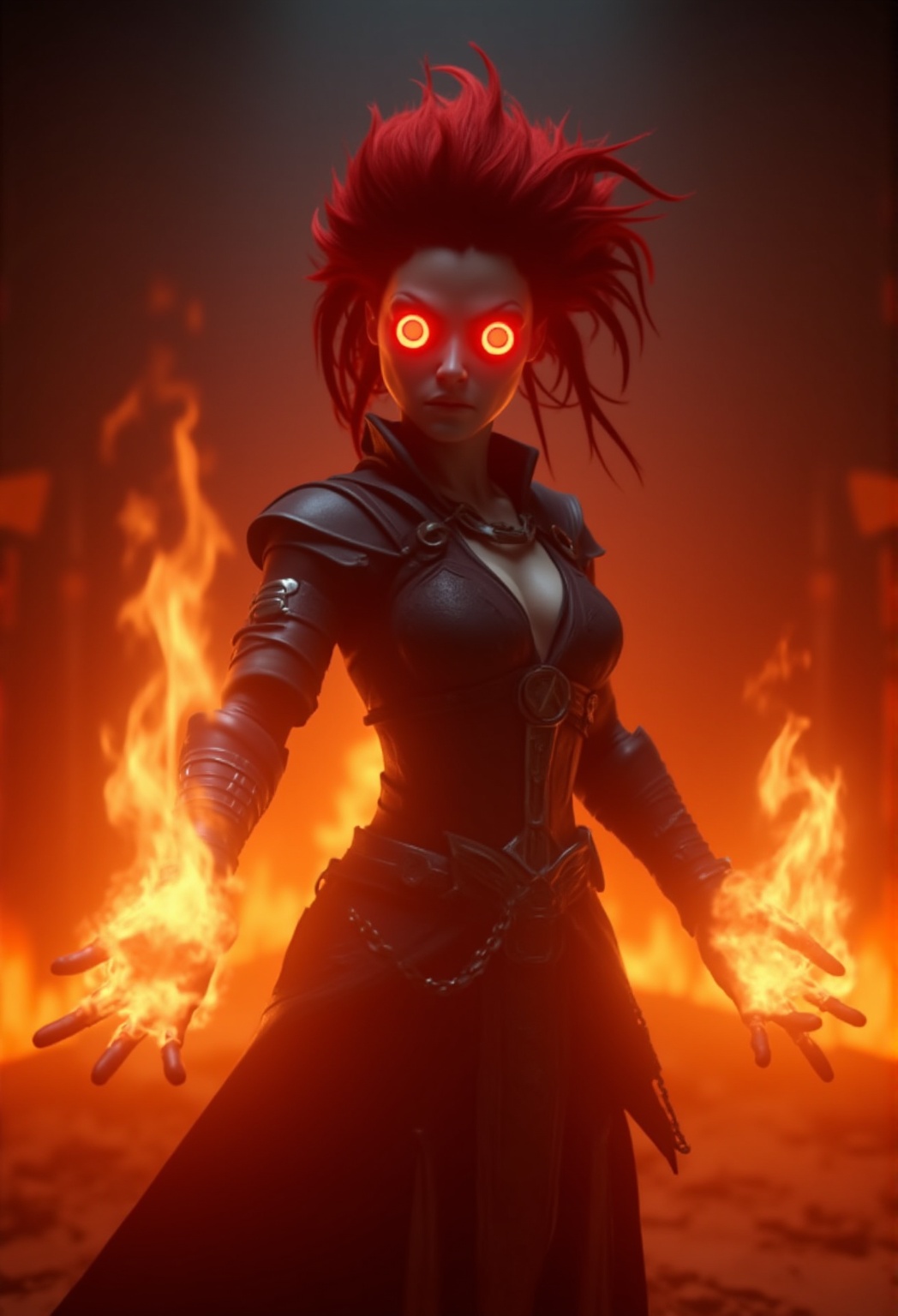 Elemental mage with bright red eyes,  red hair and hands engulfed in flames,  casting a powerful fire spell in the middle...