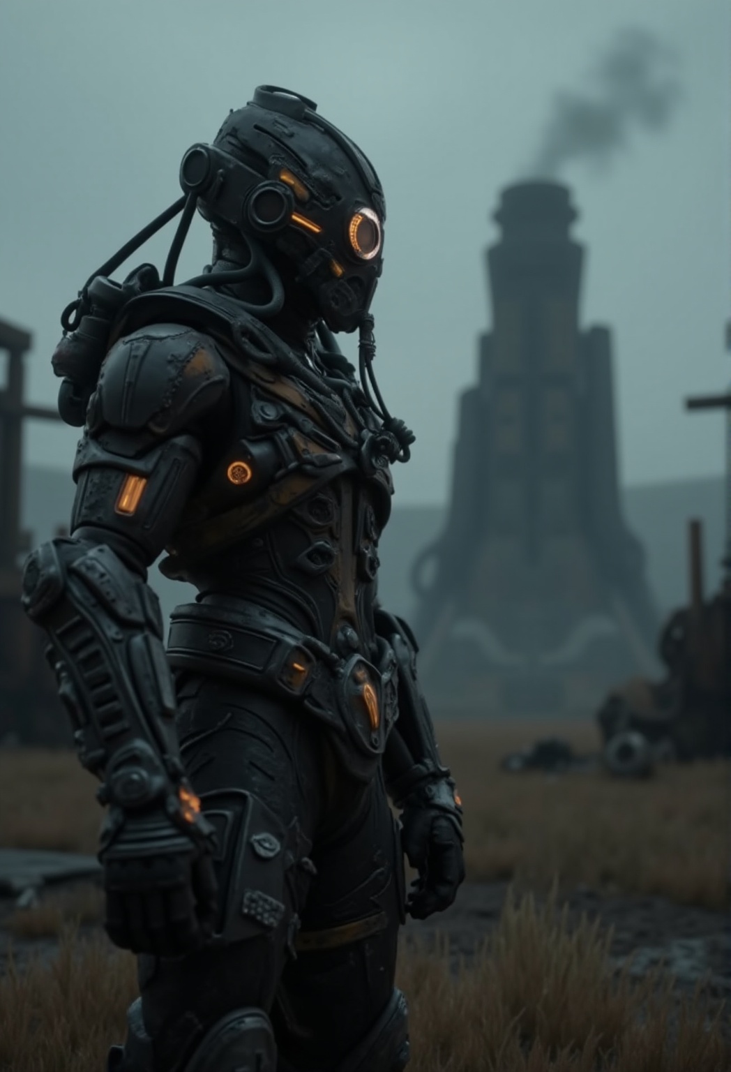 A hyperrealistic photography of a cinematic dark fantasy scene with a black and orange high-tech techware mecha,  worn and...