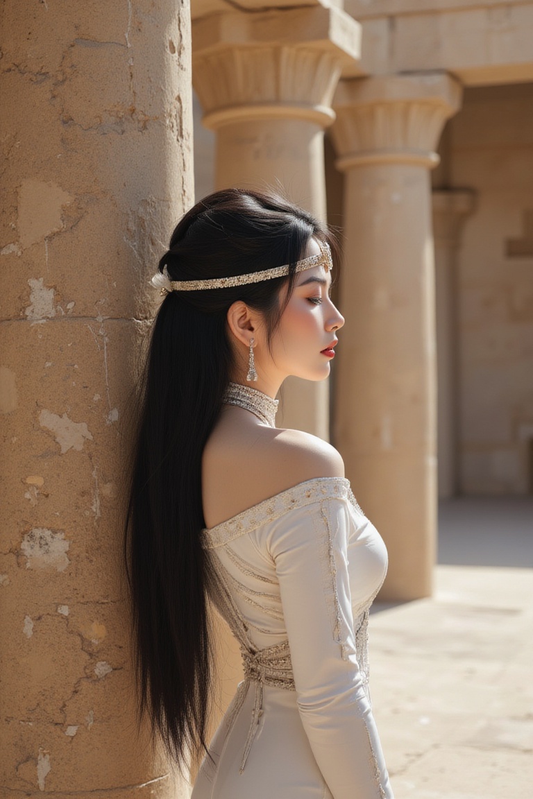 A majestic Egyptian woman,  with long black hair flowing down her back,  wears a traditional headdress and ornate jewelry...