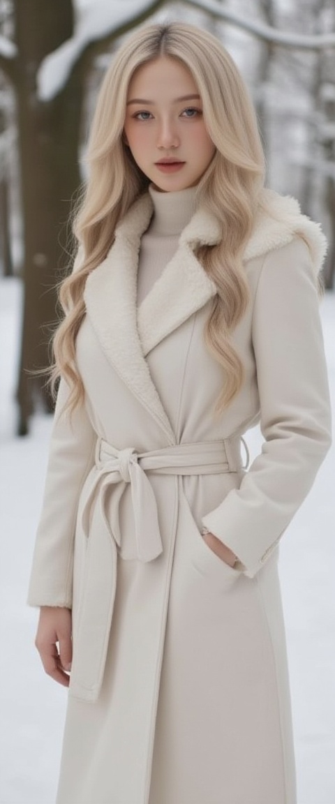 A stunning Scandinavian model stands confidently in a crisp winter wonderland setting,  her long blonde hair blown back by...