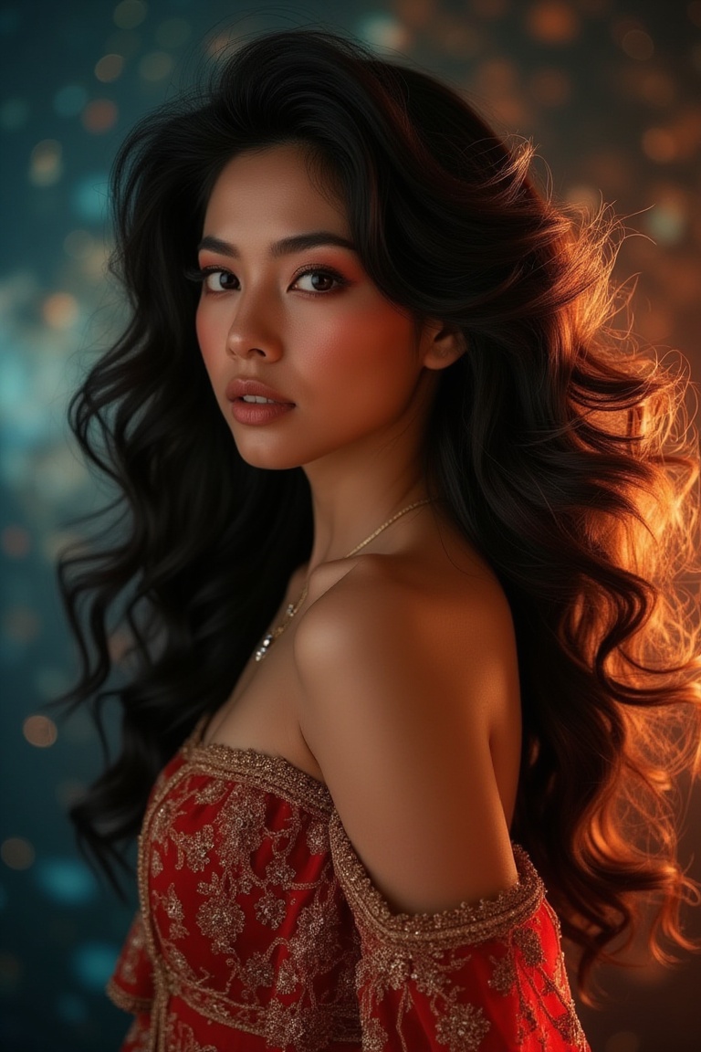 A majestic,  otherworldly beauty poses in a captivating profile view,  her gorgeously voluminous hair cascading down one s...