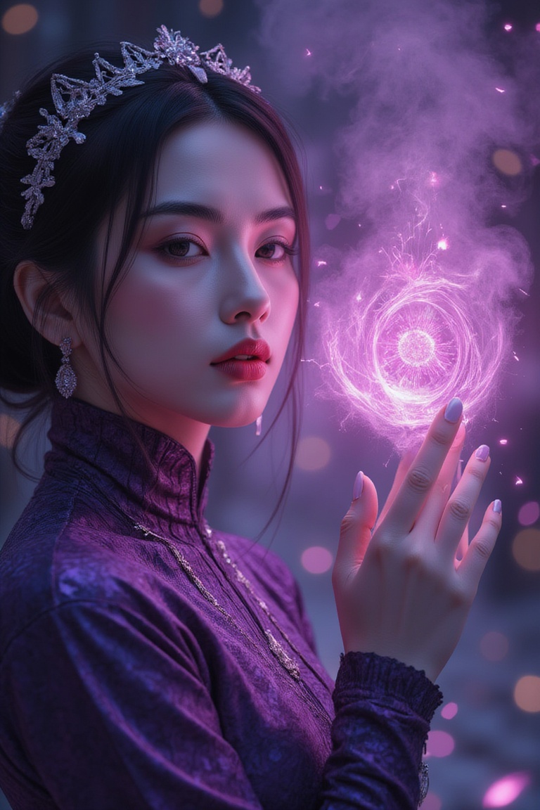 A close-up portrait of the deity of magic,  rendered in extremely vibrant colors on normal skin,  radiates an aura of myst...