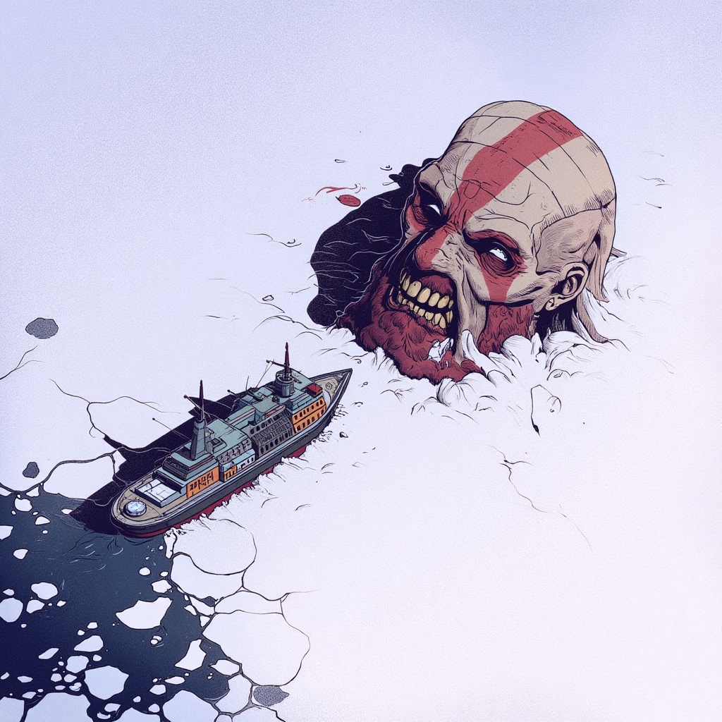 n4fetss_style,  aerial view illustration of a ship finding a giant kratos god of war head. background in the south pole wi...