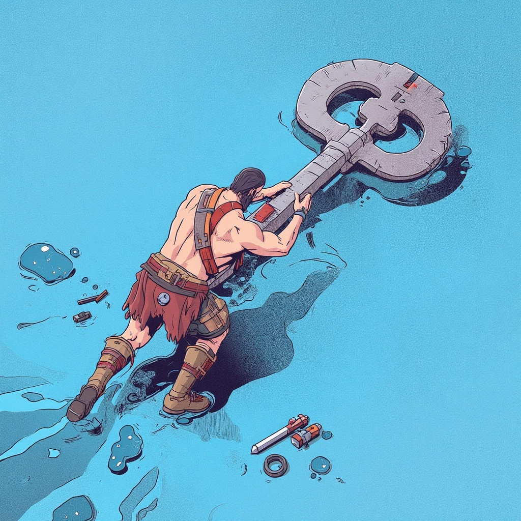 n4fetss_style,  aerial view illustration of a ((kratos god of war)) finding a giant key. background in blue background,  i...