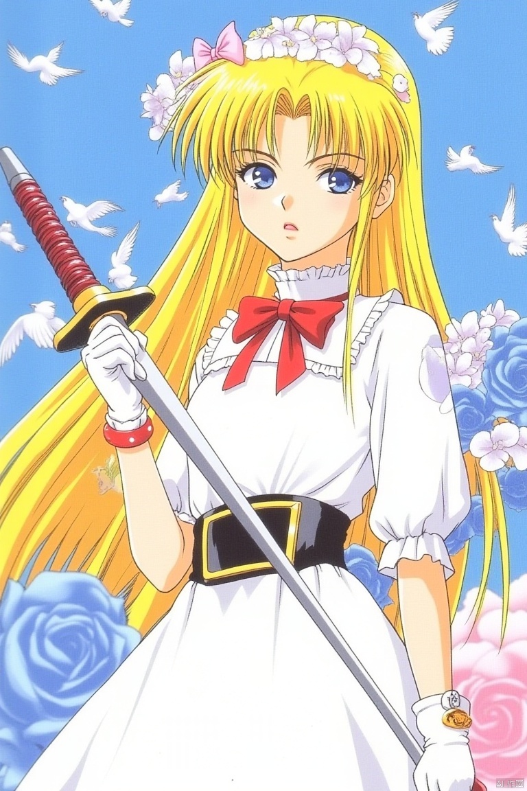 1990s retro anime illustration, a girl with long blonde hair and blue eyes is holding a sword in her right hand. She is wearing a white dress with a black belt around her waist. She has a red bow in her left hand. The sword she is holding is pointed towards the left side of the image. There are blue and white flowers around her right shoulder. There is a blue background behind her with white and pink birds flying in the air.
