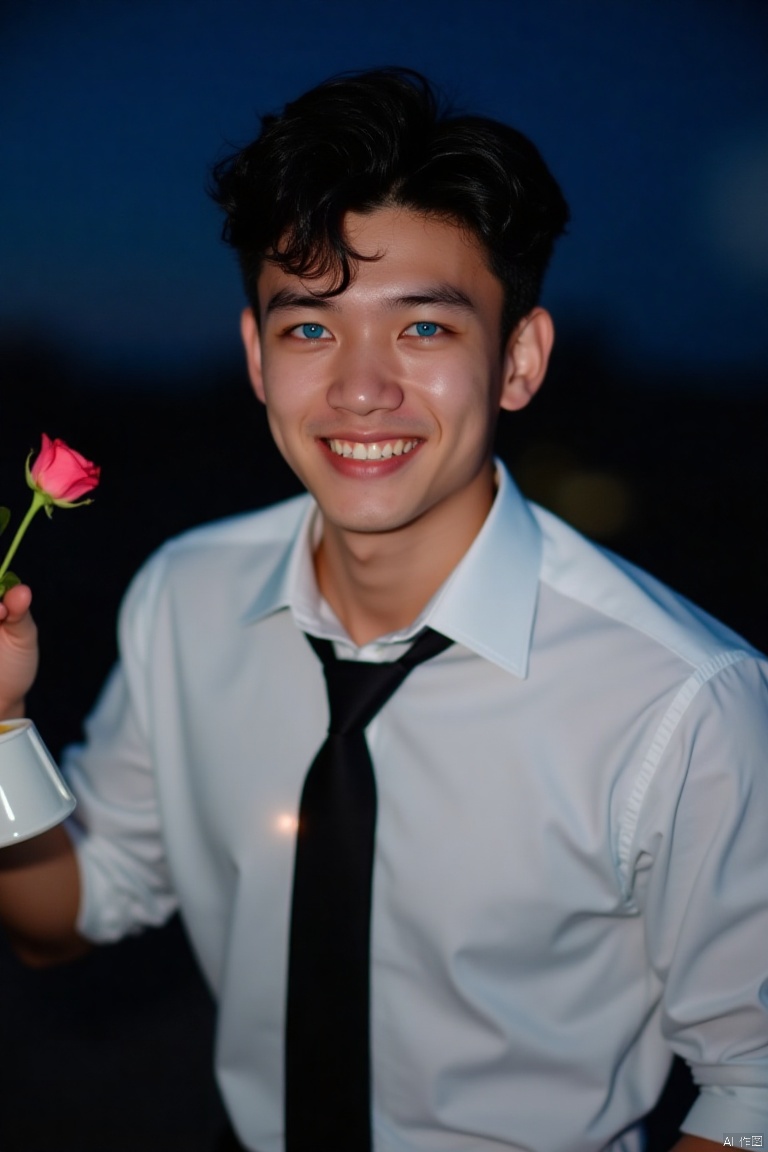 A young man with short, dark hair and piercing blue eyes gazes directly at the viewer, a warm smile spreading across his face. He wears a crisp white shirt, long sleeves, and a black necktie, exuding a sense of formality. In one hand, he holds a cup, while in the other, a delicate rose. The camera captures him against a blurred nighttime sky, with a lens flare adding a touch of drama to the scene. The overall atmosphere is one of intimacy and sophistication.