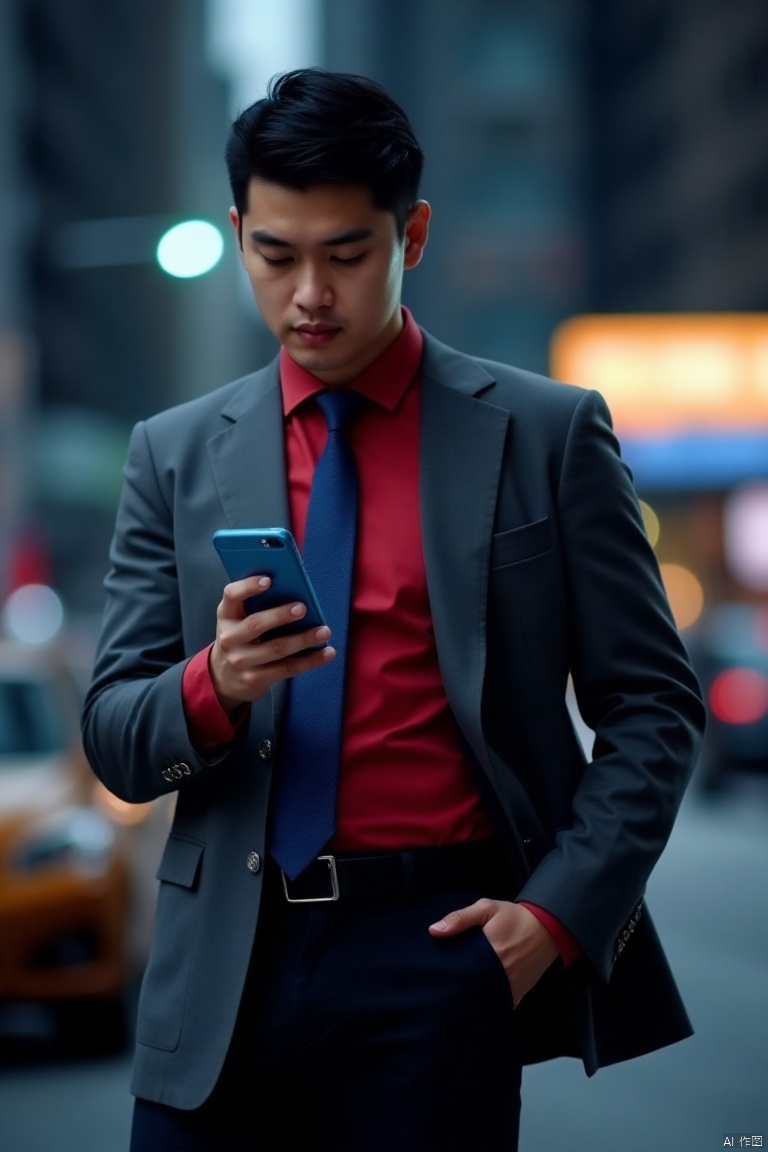  dressed in a gray blazer, a red button-down shirt, a blue tie, and black pants, is holding a blue cell phone in his right hand. His left hand is resting on his hip. The character's eyes are closed, as if he is looking down at the phone. The background is blurred, suggesting a cityscape. The scene is lit up with a few lights, adding a pop of color to the scene.