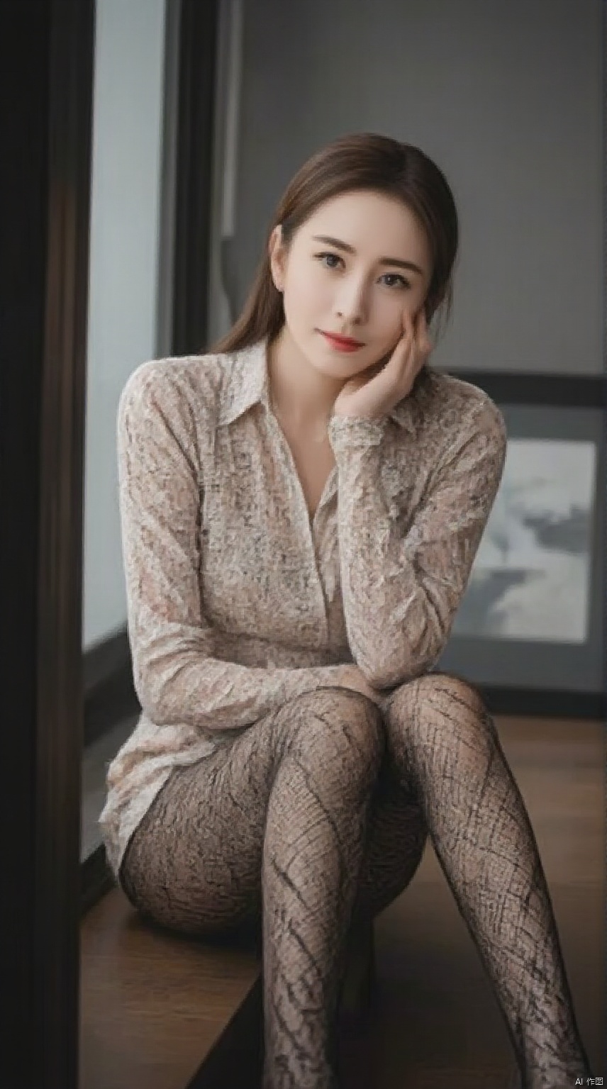 ,fishnets,print legwear,cross legged,long legs,sitting,(masterpiece, top quality, best quality, official art, 4k, beauty and aesthetics: 1.2),(1girl), extreme detail, rich colors, highest detail, ,   realistic,Depth of field,full body,
, , perfect features,,looking_at_viewer, , , gorgeous colors,, high resolution, extreme details, 8K,kind smile,Dynamic pose,, ,meinvzi