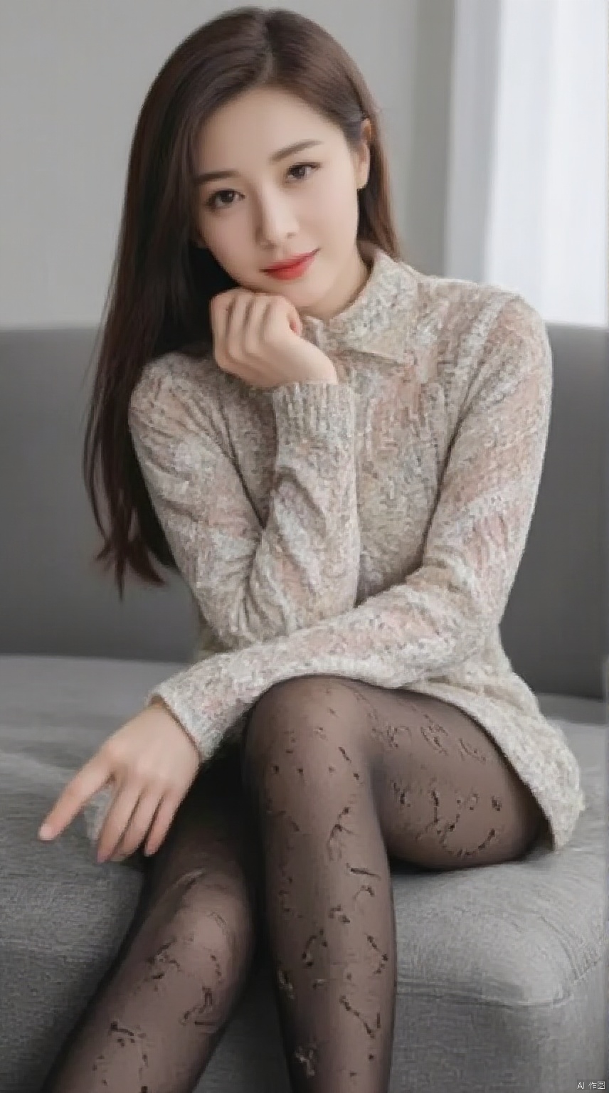 ,fishnets,print legwear,cross legged,long legs,sitting,(masterpiece, top quality, best quality, official art, 4k, beauty and aesthetics: 1.2),(1girl), extreme detail, rich colors, highest detail, ,   realistic,Depth of field,full body,
, , perfect features,,looking_at_viewer, , , gorgeous colors,, high resolution, extreme details, 8K,kind smile,Dynamic pose,, ,meinvzi