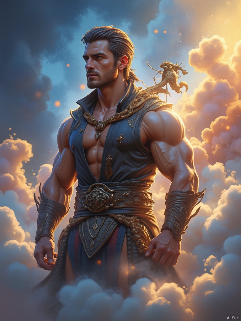  (masterpiece:1.1, highres:1.4),1 boy, muscular ,(soft blending:1.2),fluid colors,dreamy washes,fantasy,dream world:1.8,cowboy shot,Fantasy Style,cowboy shot,,,FUJI, light master