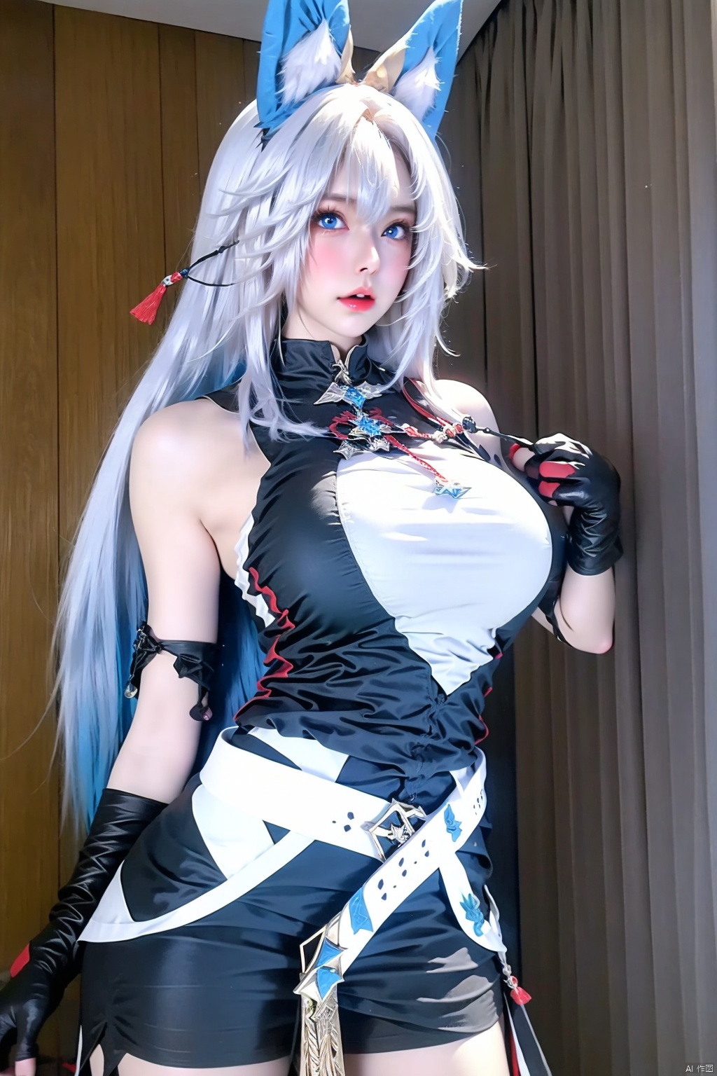 1girl solo long hair breasts looking at viewer blue eyes gloves animal ears bare shoulders white hair shorts sleeveless black gloves belt indoors ground vehicle