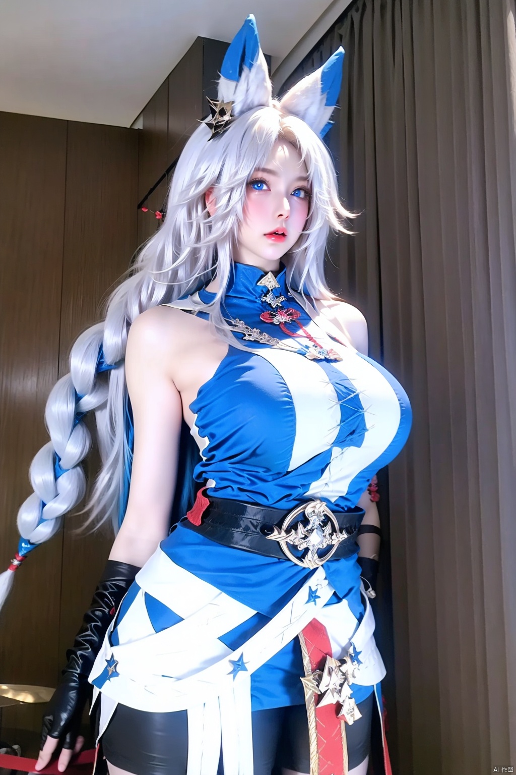 1girl solo long hair breasts looking at viewer blue eyes gloves animal ears bare shoulders white hair shorts sleeveless black gloves belt indoors ground vehicle