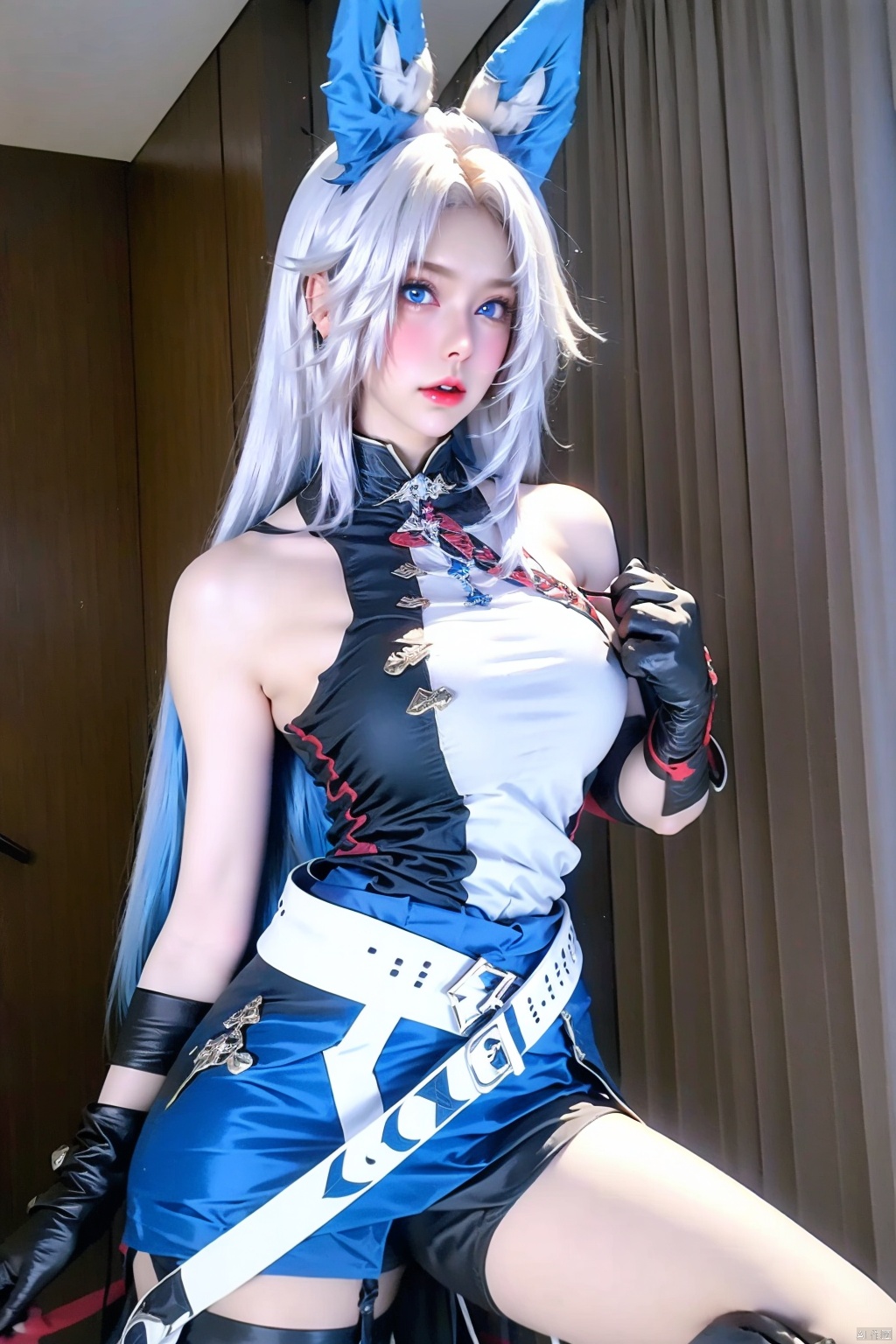 1girl solo long hair breasts looking at viewer blue eyes gloves animal ears bare shoulders white hair shorts sleeveless black gloves belt indoors ground vehicle