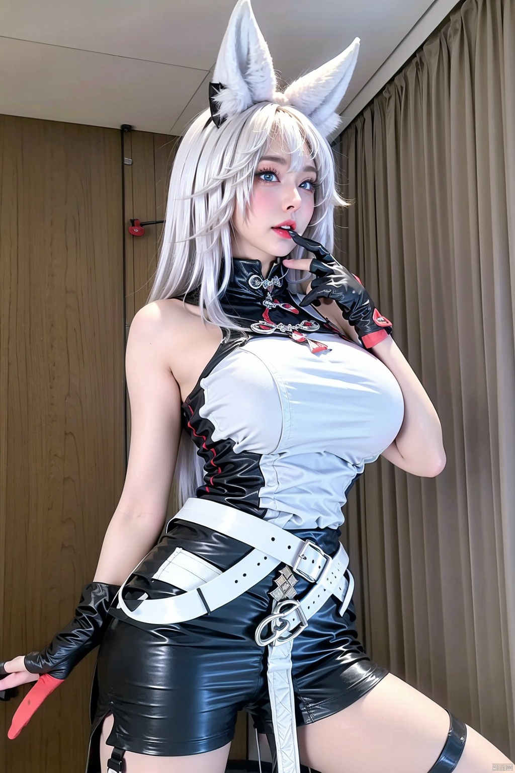 1girl solo long hair breasts looking at viewer blue eyes gloves animal ears bare shoulders white hair shorts sleeveless black gloves belt indoors ground vehicle