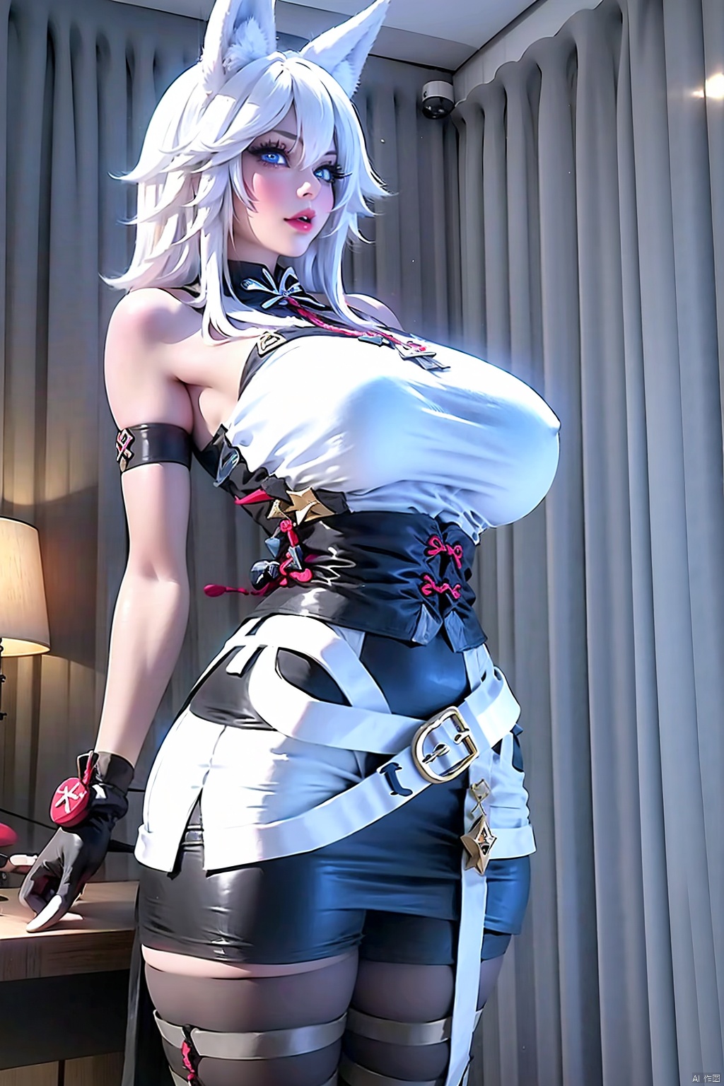 1girl solo long hair breasts looking at viewer blue eyes gloves animal ears bare shoulders white hair shorts sleeveless black gloves belt indoors ground vehicle