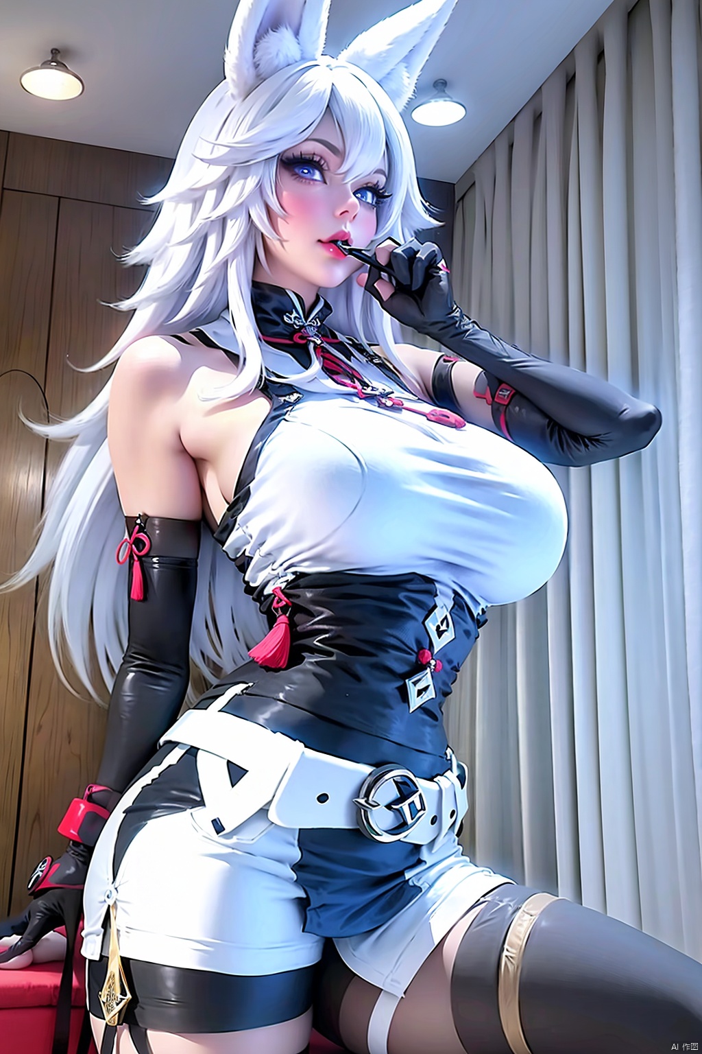 1girl solo long hair breasts looking at viewer blue eyes gloves animal ears bare shoulders white hair shorts sleeveless black gloves belt indoors ground vehicle