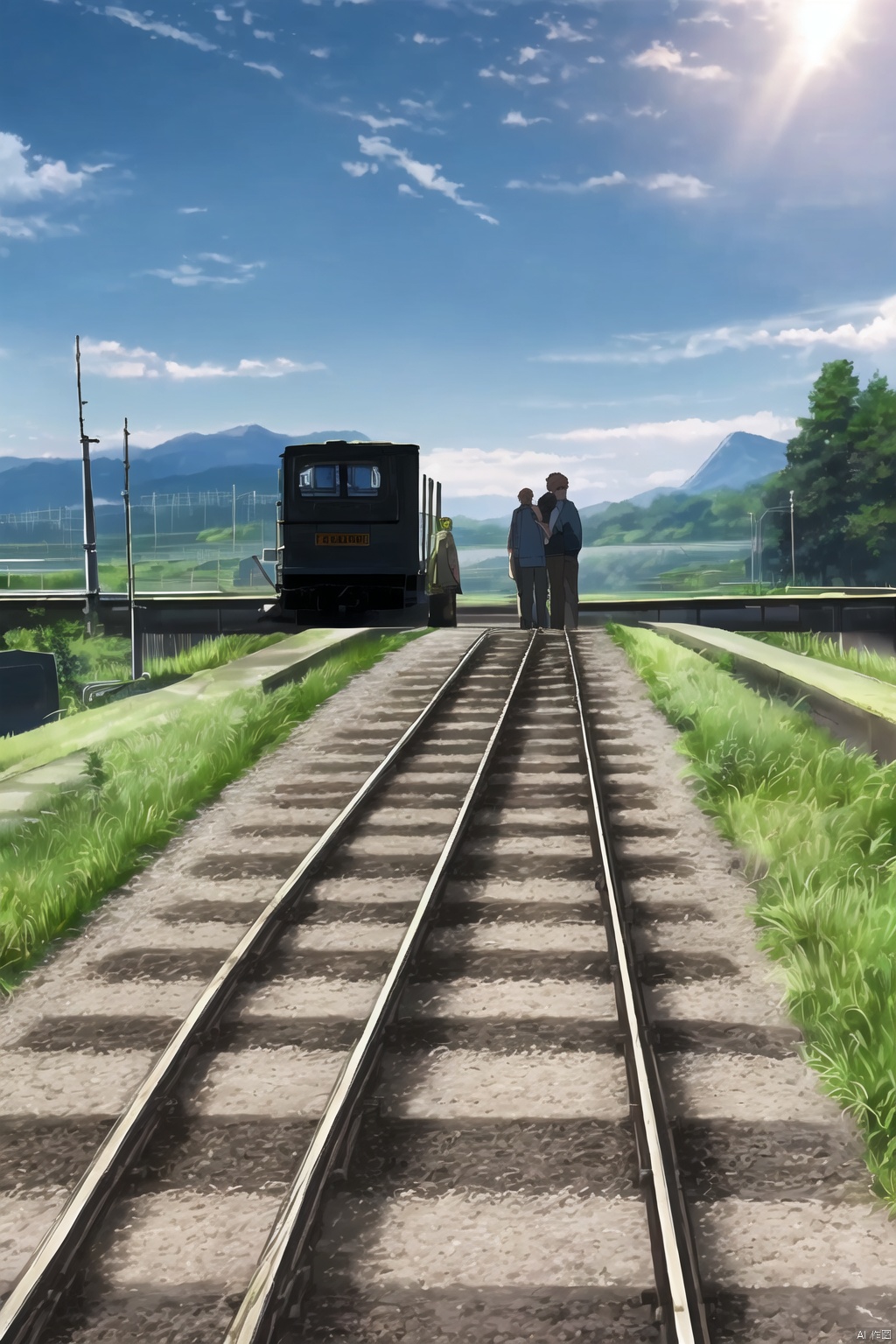 short hair, outdoors, multiple boys, day, sunlight, grass, ground vehicle, scenery, road, railroad tracks,qfl,Shinkai