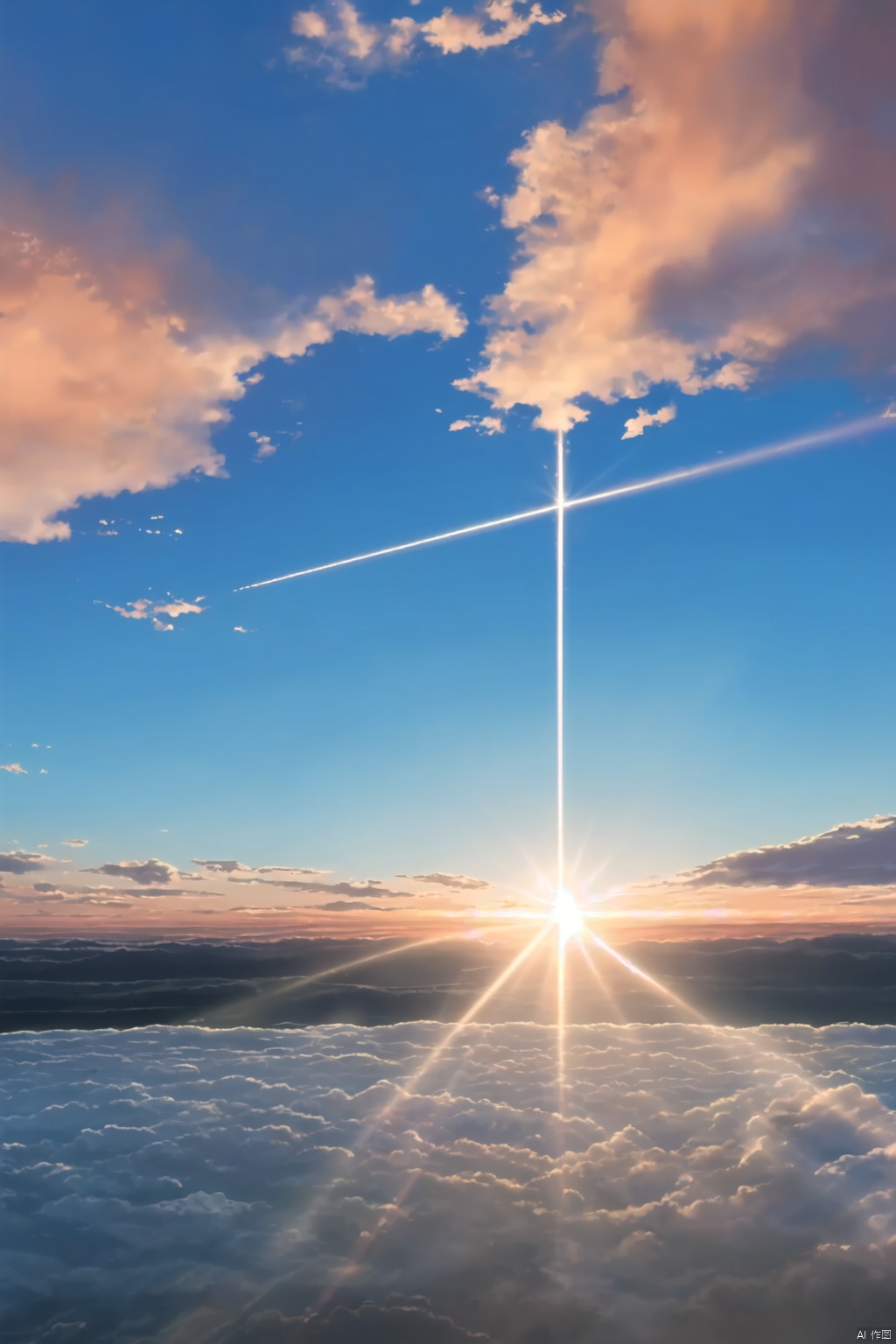 outdoors, sky, cloud, blue sky, no humans, sunlight, cloudy sky, scenery, lens flare, sunset, sun, horizon, sunrise