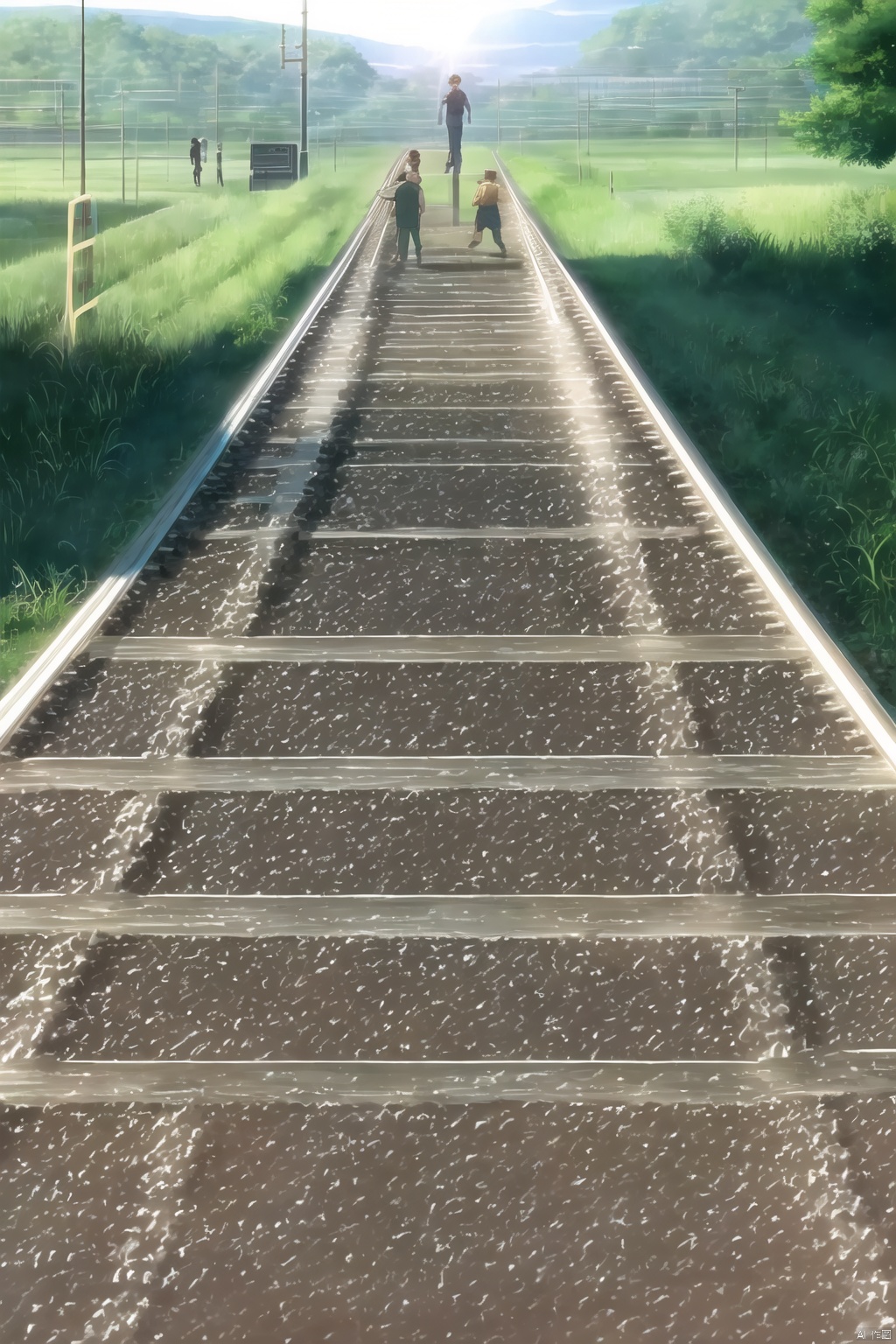 short hair, outdoors, multiple boys, day, sunlight, grass, ground vehicle, scenery, road, railroad tracks,qfl,Shinkai