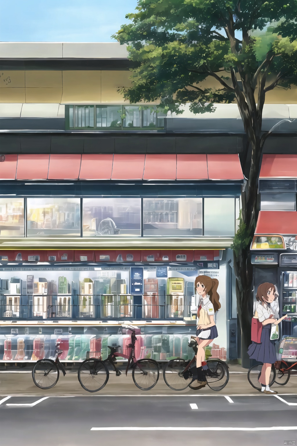 short hair, multiple girls, skirt, brown hair, 2girls, school uniform, ponytail, outdoors, day, bag, tree, ground vehicle, scenery, motor vehicle, road, street, bicycle, shop, vending machine, bicycle basket,qfl,Shinkai