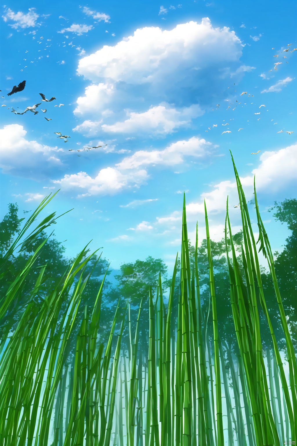 flower, outdoors, sky, day, cloud, blue sky, no humans, bird, nature, scenery, bamboo,	qfl,Shinkai