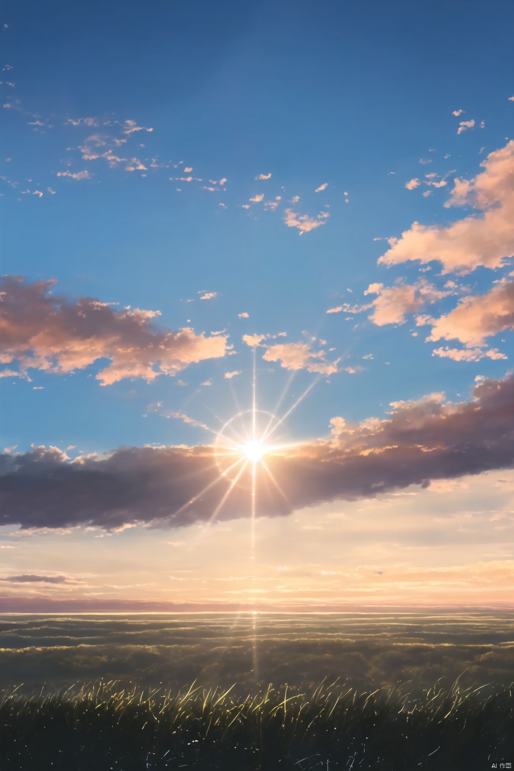 outdoors, sky, cloud, blue sky, no humans, sunlight, cloudy sky, scenery, lens flare, sunset, sun, horizon, sunrise