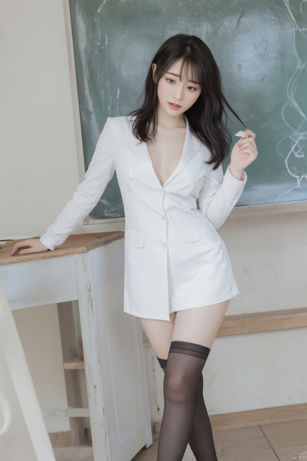 1girl, long legs, white business attire, short skirt, black stockings, standing in front of the blackboard, eyes fascinated,(huge breasts:1.99),Xhaiqinyan,Xlimuwan,Xhbch,Xsanshang