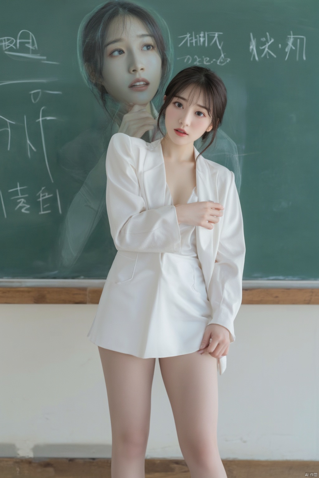 1girl, long legs, white business attire, short skirt, black stockings, standing in front of the blackboard, eyes fascinated,(huge breasts:1.99),Xhaiqinyan,Xlimuwan,Xhbch,Xsanshang
