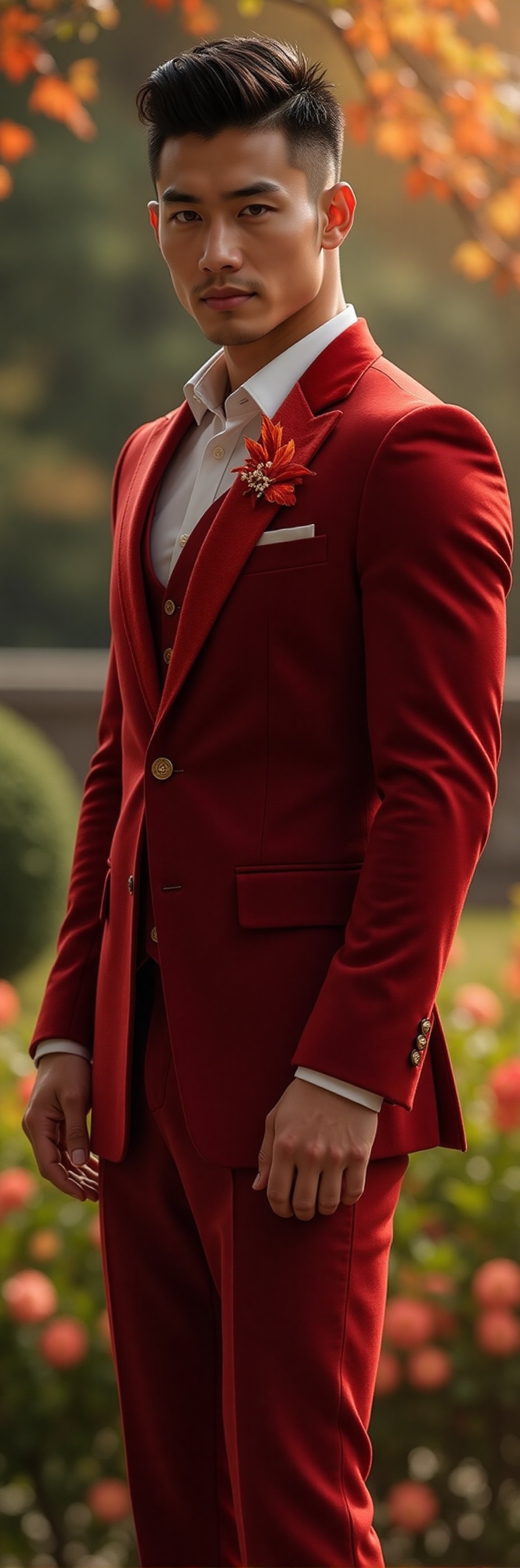 A stunning shot of a chiseled,  muscular male in a majestic red maple leaf tuxedo,  standing against the serene backdrop o...