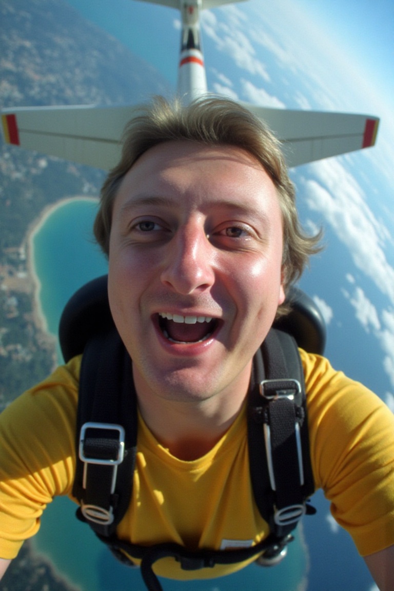A high-resolution photograph of Eric Bristow skydiving,  a POV shot in freefall on Tensor.Art