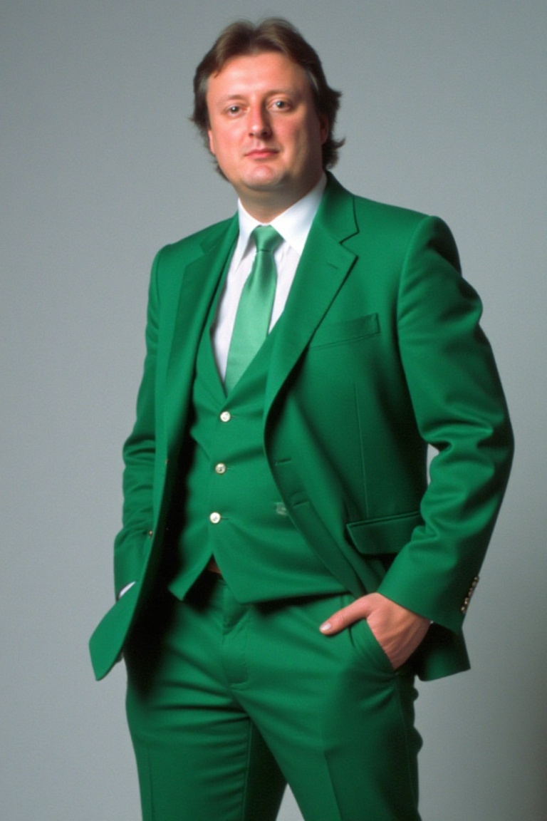 A high-resolution photograph of Eric Bristow wearing a vibrant green suit with a white dress shirt,  standing in a dynamic...