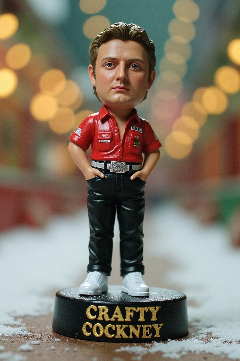This is a high-resolution photograph of a detailed,  miniature action figure of Eric Bristow,  standing on a round on Tens...