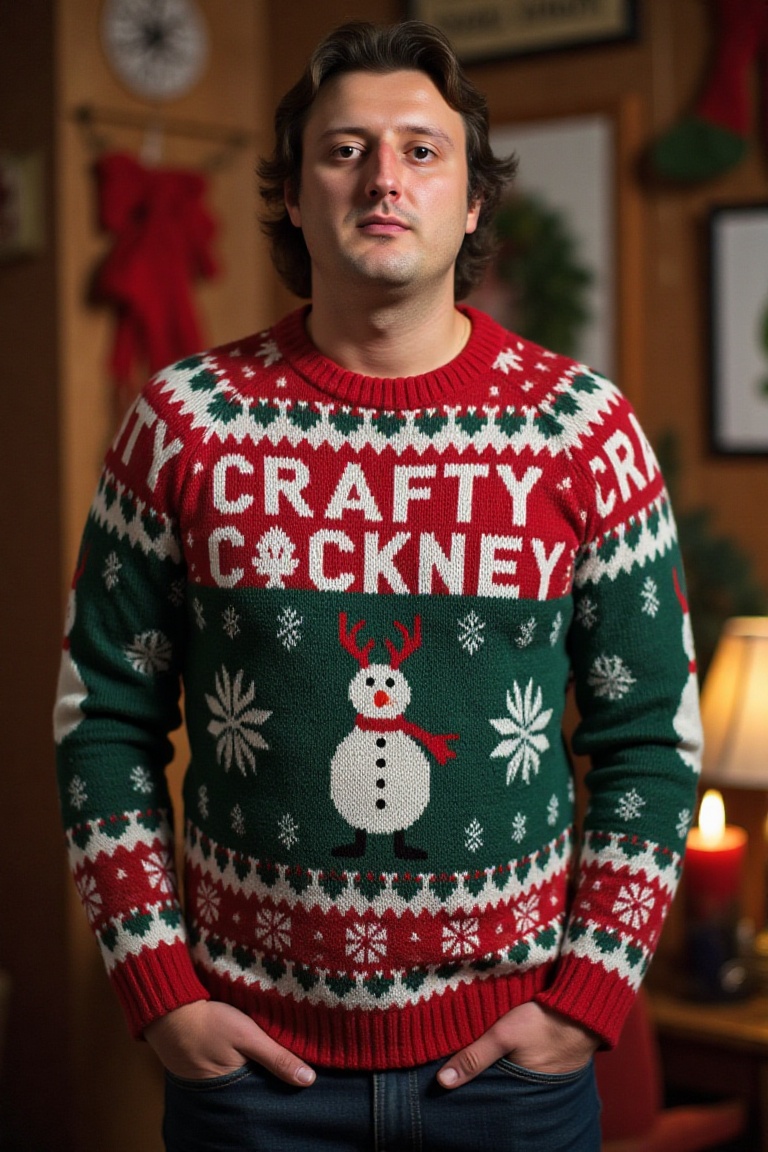 The image is a high-resolution photograph of a man wearing a Christmas themed sweater with the words "CRAFTY COCKNEY" knit...