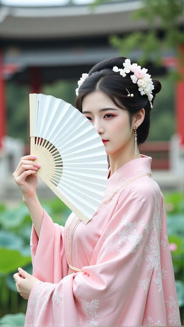 Raw photo,  of a Asian woman in a light pink silk dress,  intricate pattern dress.She is holding a white fan on Tensor.Art