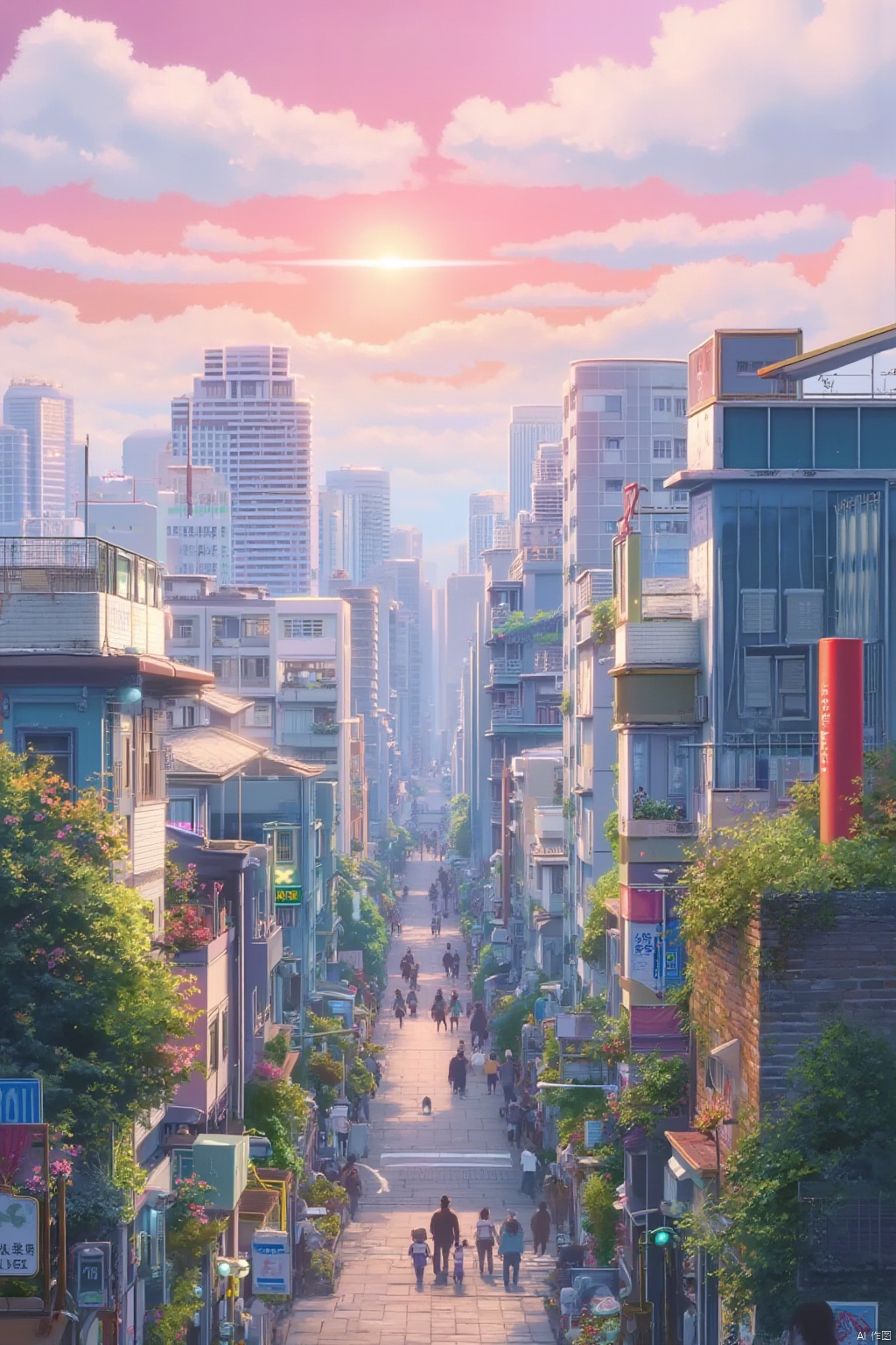 oil painting,cityscape, buildings, streets,sunshine, flowers, green plants,((pink sky)),((clouds)),qfl,Shinkai