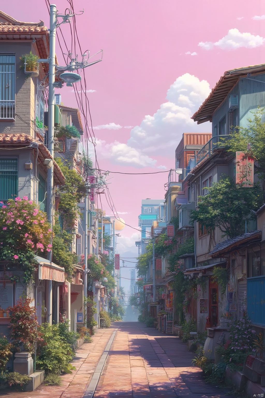 oil painting,cityscape, buildings, streets,sunshine, flowers, green plants,((pink sky)),((clouds)),qfl,Shinkai