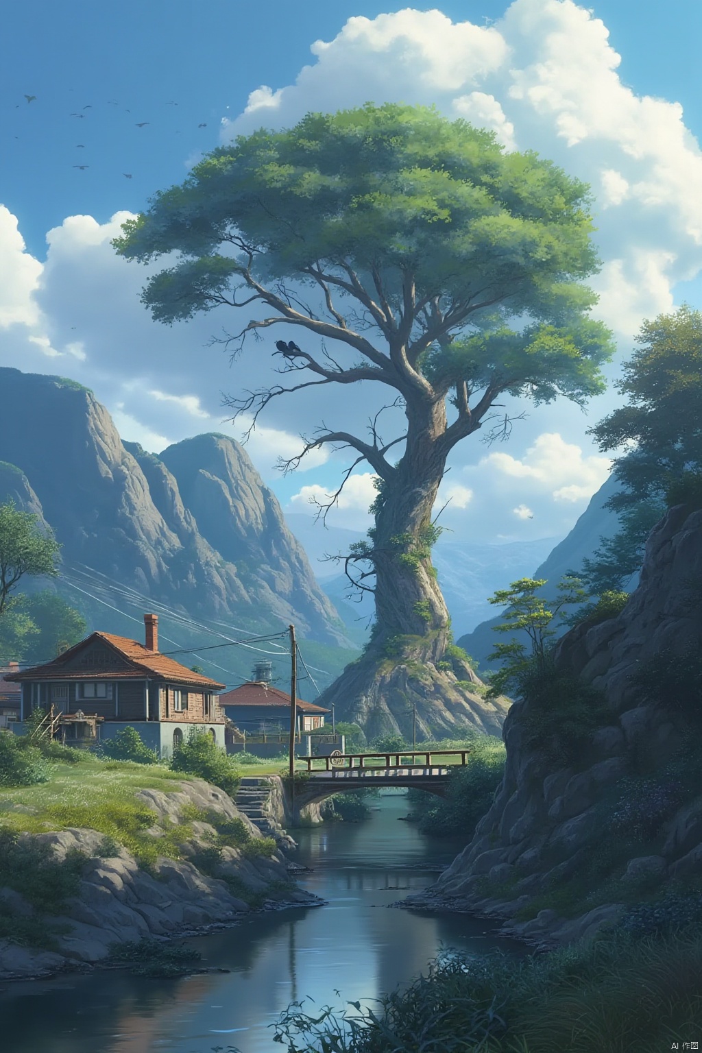  (((masterpiece))), ((extremely detailed CG unity 8k wallpaper)), best quality, high resolution illustration, Amazing, highres, intricate detail, (best illumination, best shadow, an extremely delicate and beautiful), 2D ConceptualDesign, scenery, outdoors, cloud, day, sky, tree, blue sky, mountain, landscape, water, Oil painting, The withered vines twined around the ancient tree, and at dusk the crows flew back to roost on the tree. Under the small bridge, the stream flows through the houses on both sides, A bleak visual sense