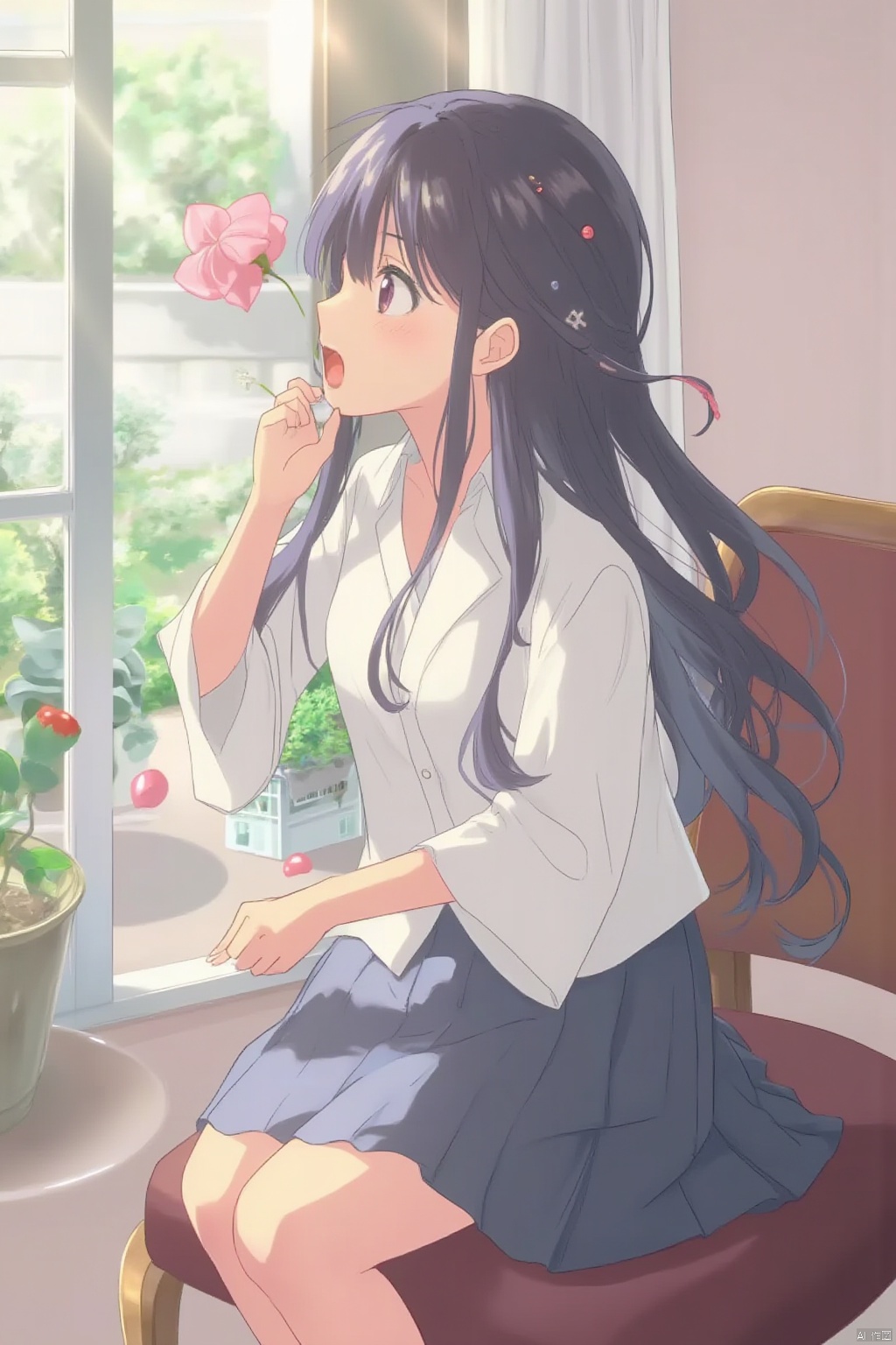 1girl, solo, long hair, looking at viewer, skirt, shirt, black hair, hair ornament, long sleeves, sitting, white shirt, flower, indoors, lips, plant, pink flower, red lips, potted plant