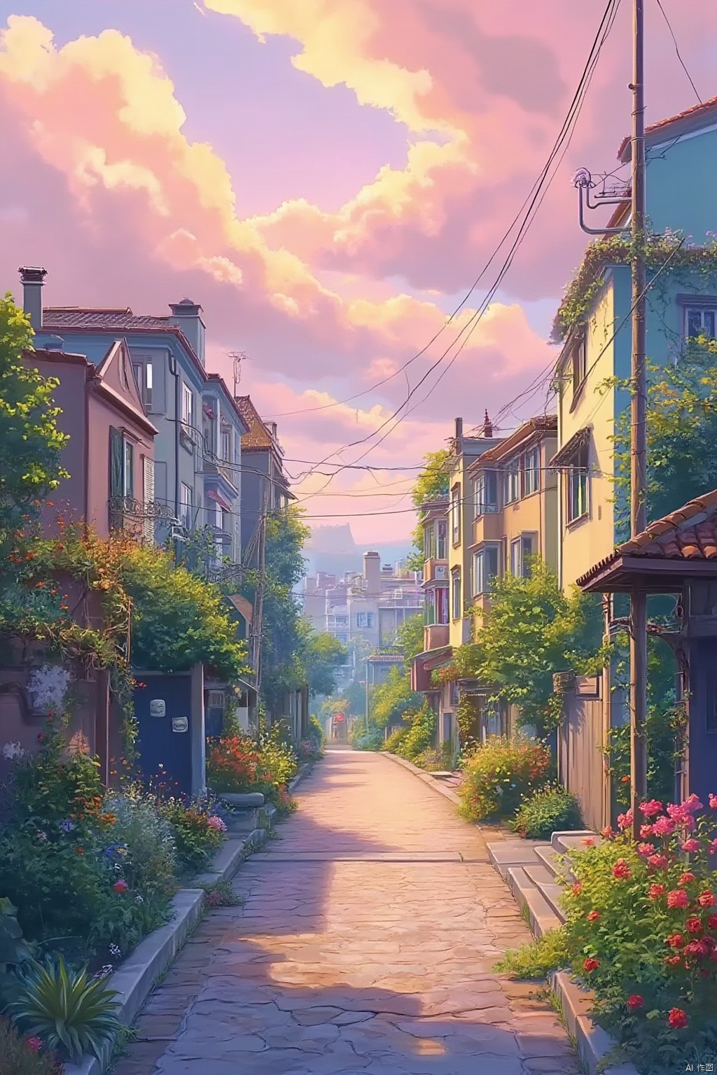 oil painting,cityscape, buildings, streets,sunshine, flowers, green plants,((pink sky)),((clouds)), 