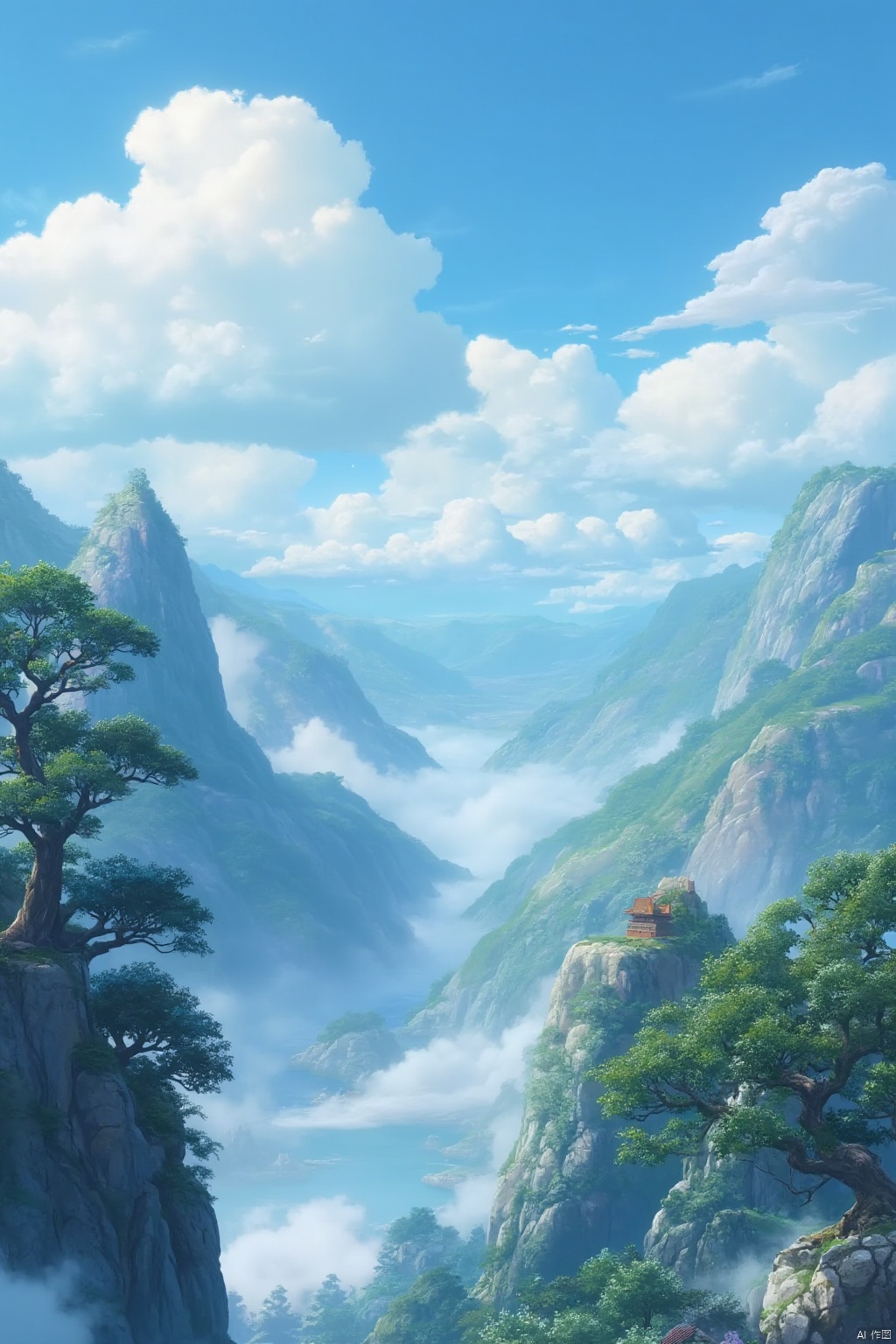 (((masterpiece))), ((extremely detailed CG unity 8k wallpaper)), best quality, high resolution illustration, Amazing, highres, intricate detail, (best illumination, best shadow, an extremely delicate and beautiful), 2D ConceptualDesign, scenery, outdoors, cloud, day, sky, tree, blue sky, mountain, landscape, water, backpack,(chinese new year:1.2), Oil painting,qfl,Shinkai