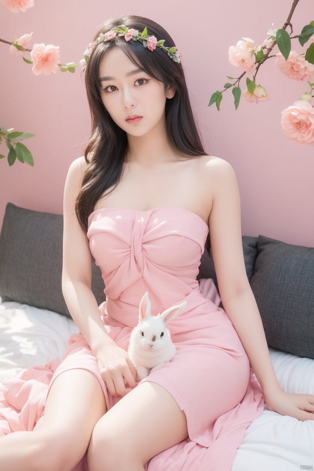 A young Asian woman wearing a flower wreath,a woman,dressed in a white strapless dress,is holding a white rabbit in her left hand. Her right arm is draped in a light pink frock,adorned with a white ribbon. The woman's left arm is positioned in front of a white bed with a pink bedspread on it,adding a touch of color to the scene. The backdrop,a pink wall,is adorned with white windows,creating a stark contrast to the woman's white dress. A chandelier is adorned in the upper right corner of the frame,,,,